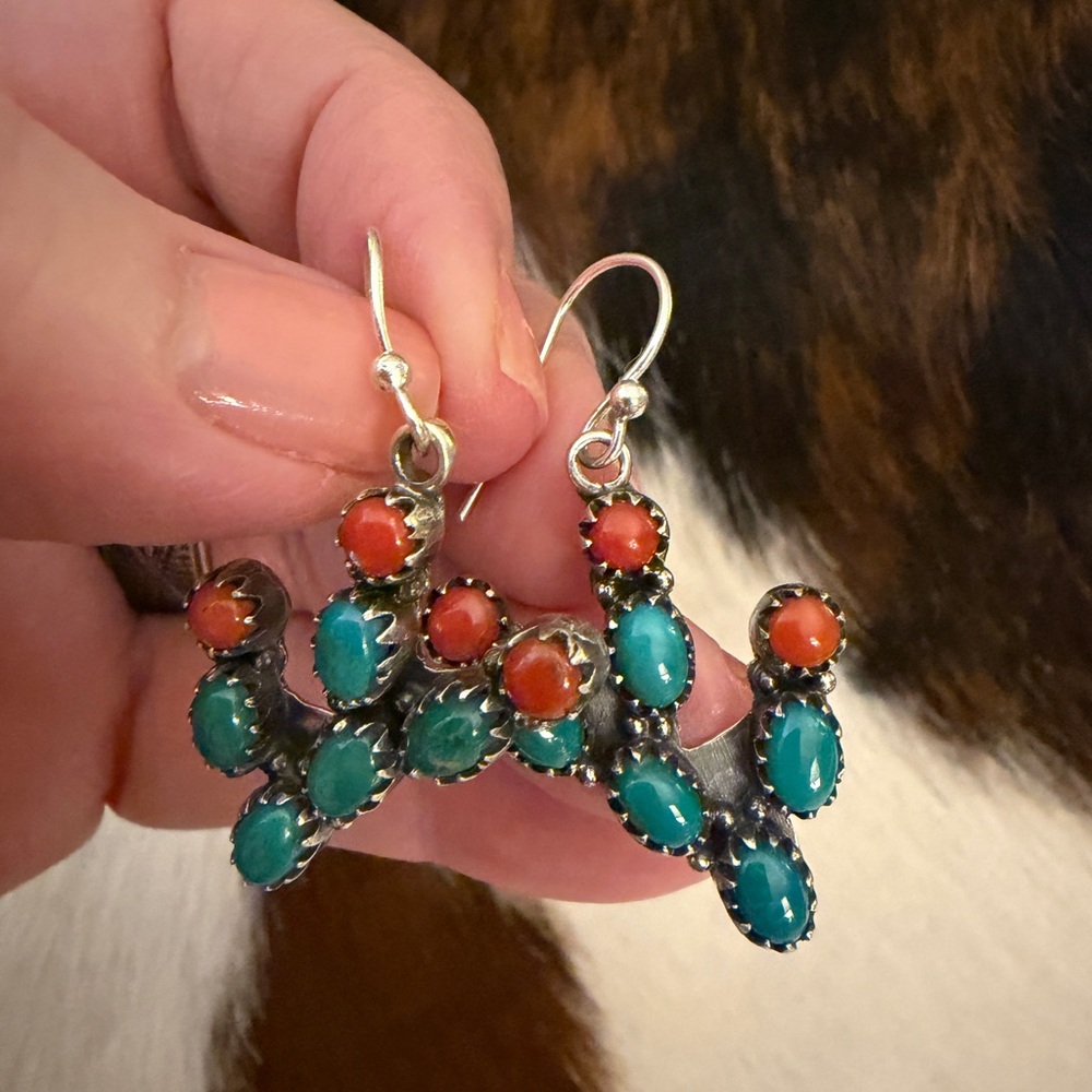 ❤️Kingman Turquoise Italian Coral Prickly Pear Cactus 925 Dangle Earrings 1.70”L - Picture 3 of 14